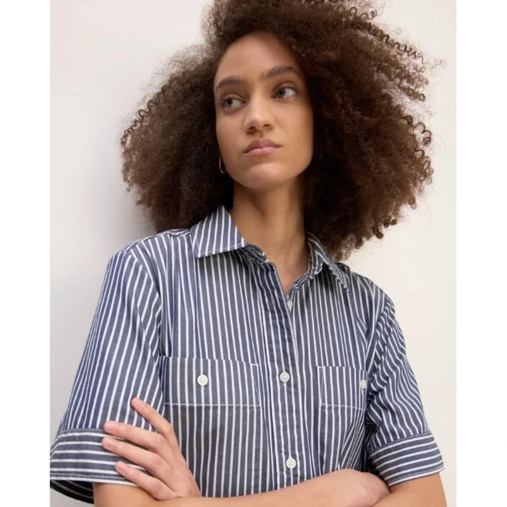 Everlane Daytripper Navy White Striped Cotton Shirt Dress High-Low Lagenlook XS - Picture 2 of 12